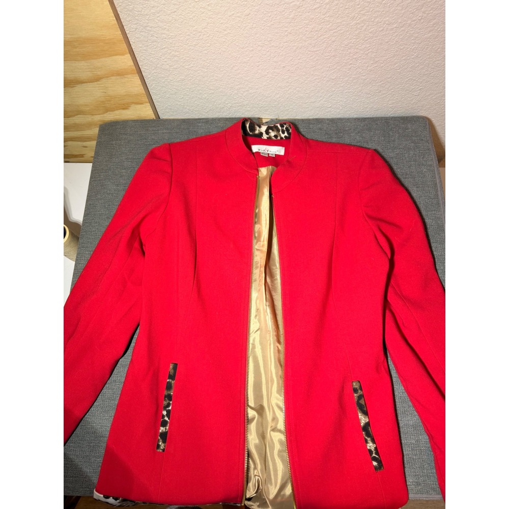 Kelly Diane Red Zip Up Blazer Jacket Leopard Print Trim Mandarin Collar Size 10